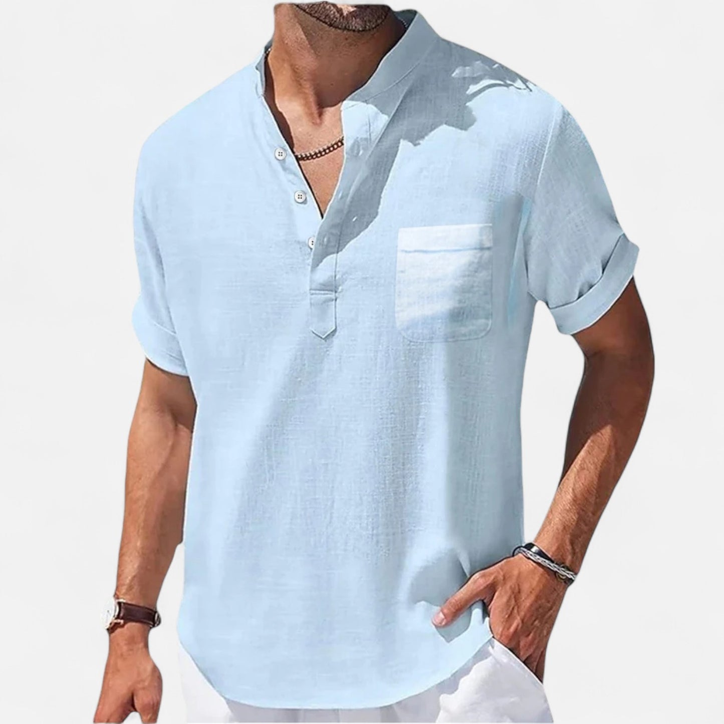 Vivellamode | Men’s Casual Stand Collar Linen Shirt – Lightweight Comfort for Summer