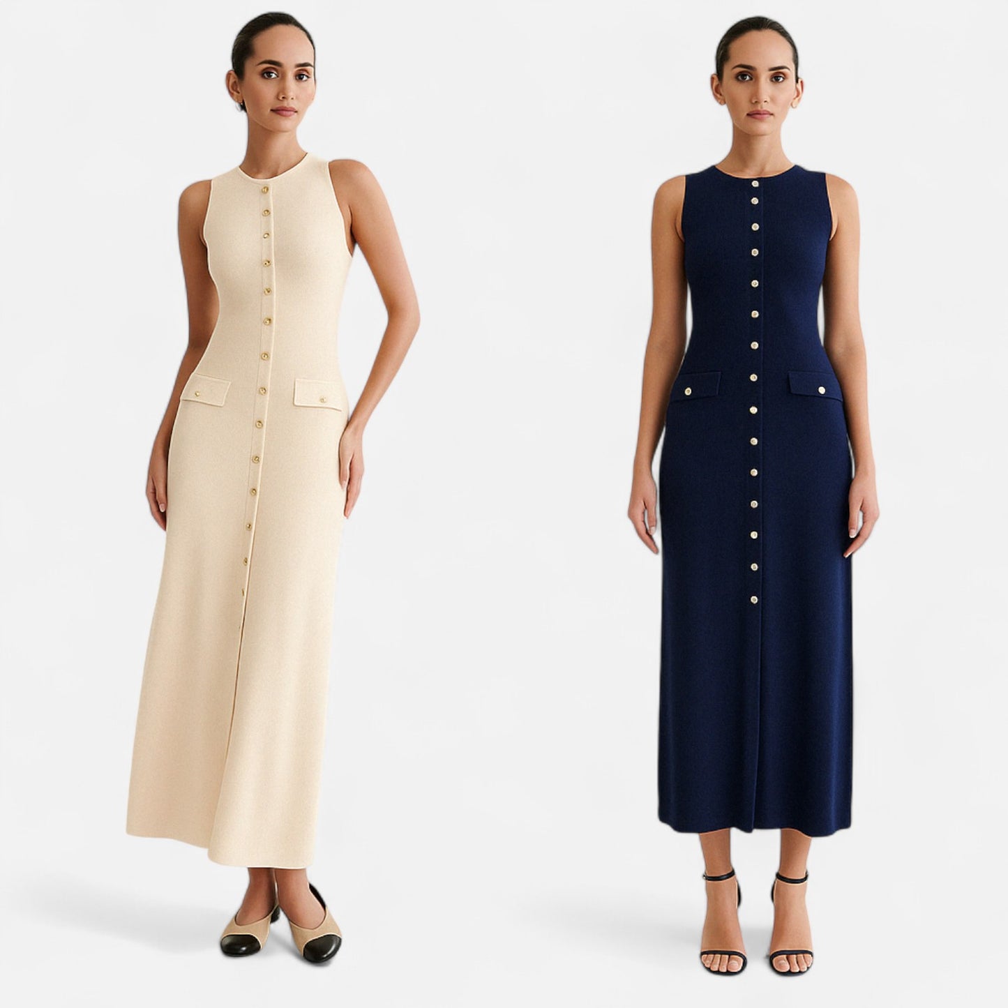 Vivellamode | Chic Old Money Sleeveless Maxi Dress – Elegant Buttoned Down Design