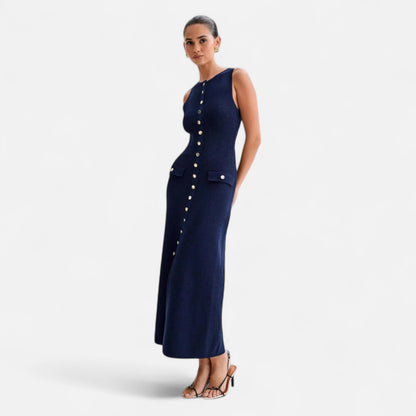 Vivellamode | Chic Old Money Sleeveless Maxi Dress – Elegant Buttoned Down Design