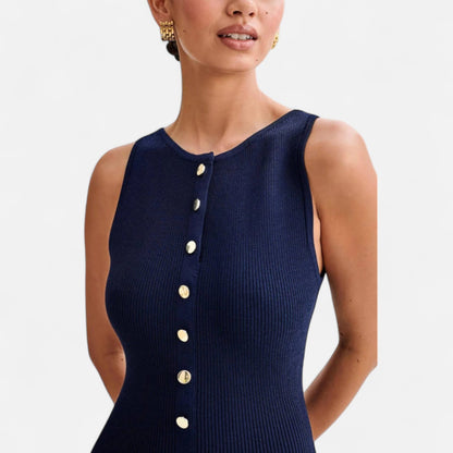 Vivellamode | Chic Old Money Sleeveless Maxi Dress – Elegant Buttoned Down Design