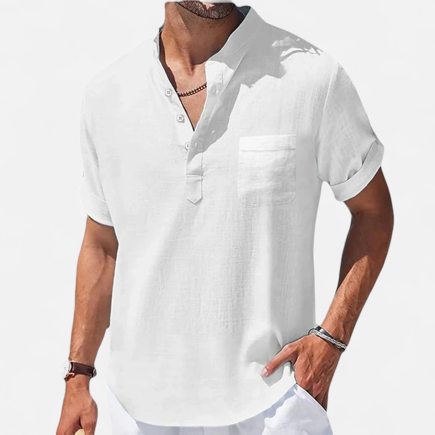Vivellamode | Men’s Casual Stand Collar Linen Shirt – Lightweight Comfort for Summer