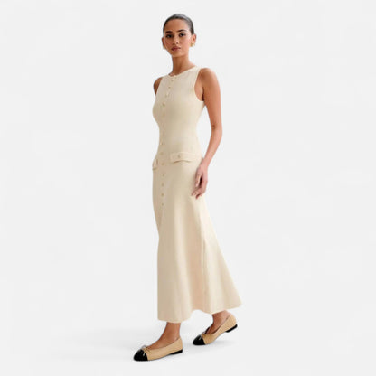 Vivellamode | Chic Old Money Sleeveless Maxi Dress – Elegant Buttoned Down Design