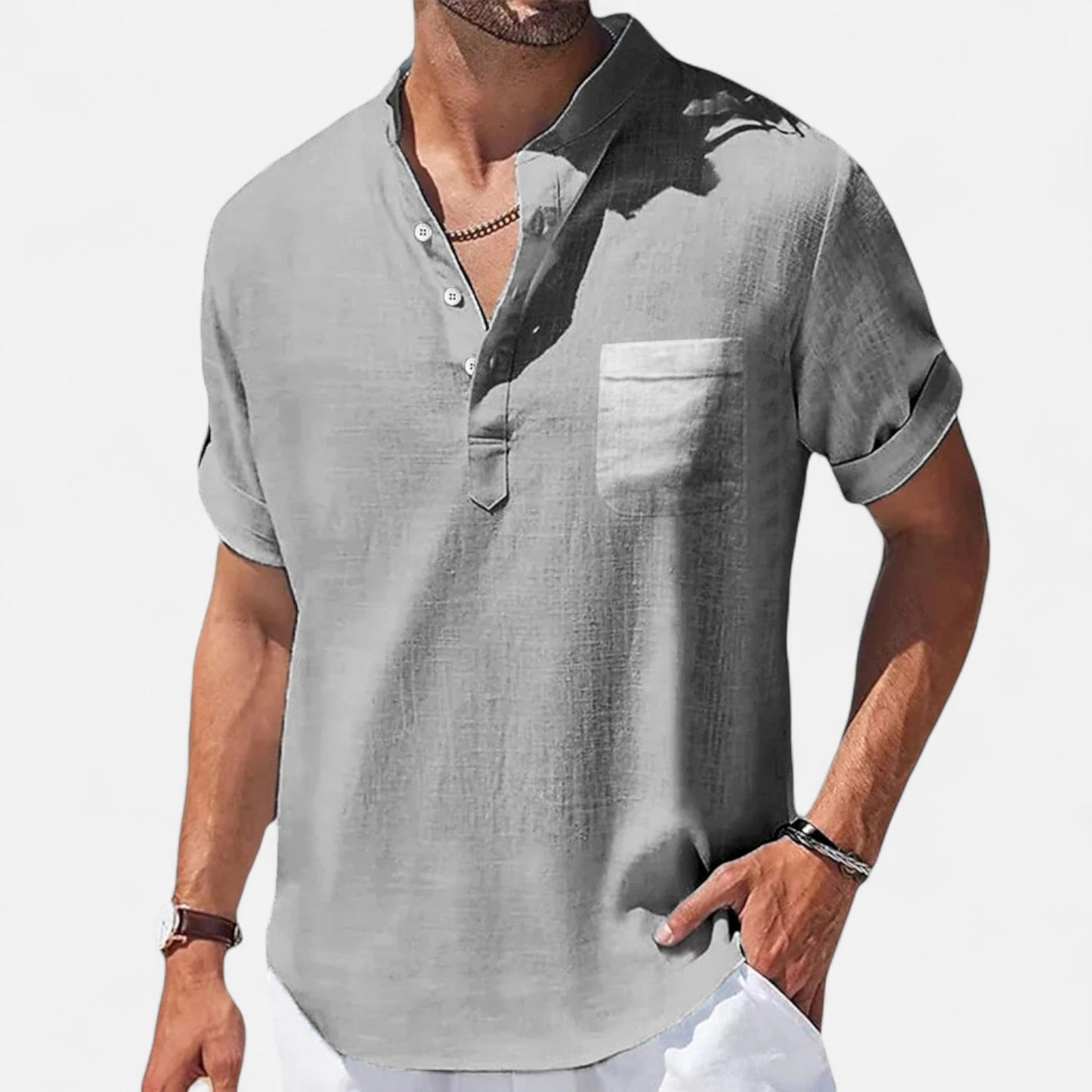 Vivellamode | Men’s Casual Stand Collar Linen Shirt – Lightweight Comfort for Summer