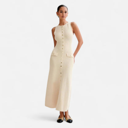 Vivellamode | Chic Old Money Sleeveless Maxi Dress – Elegant Buttoned Down Design