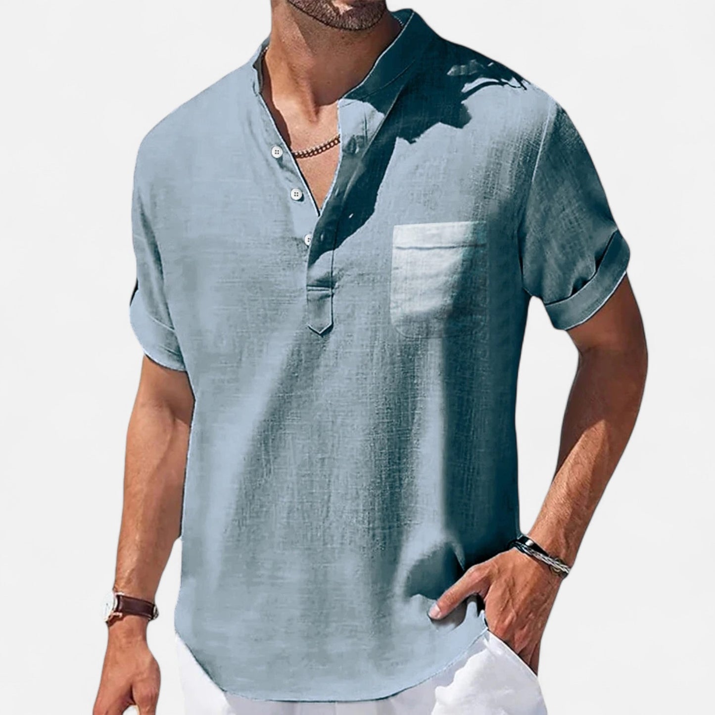 Vivellamode | Men’s Casual Stand Collar Linen Shirt – Lightweight Comfort for Summer
