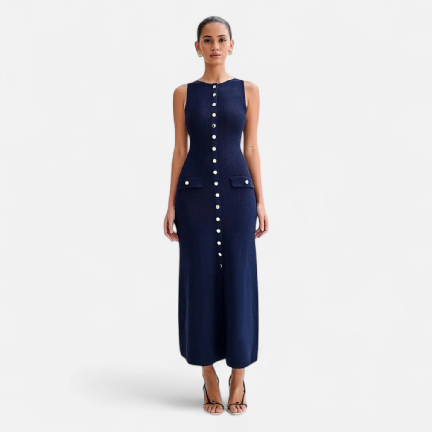 Vivellamode | Chic Old Money Sleeveless Maxi Dress – Elegant Buttoned Down Design