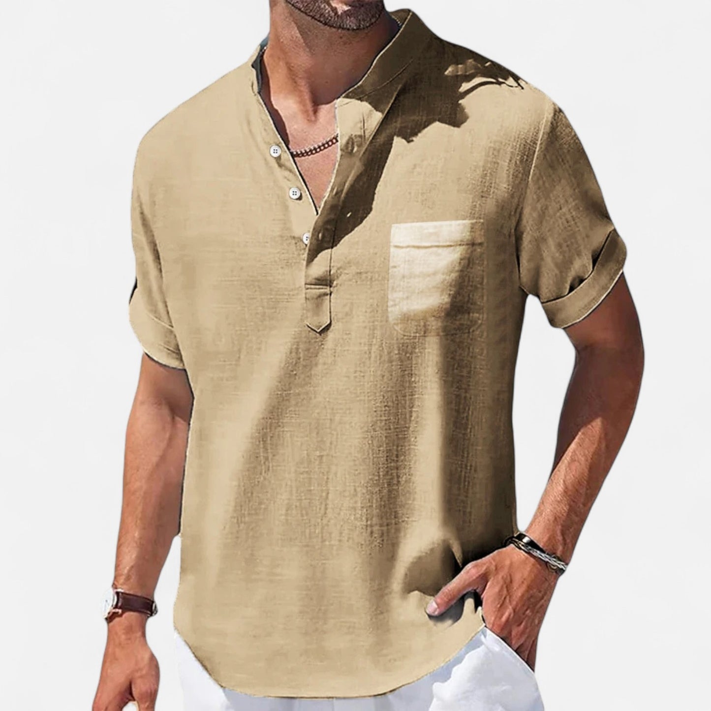 Vivellamode | Men’s Casual Stand Collar Linen Shirt – Lightweight Comfort for Summer