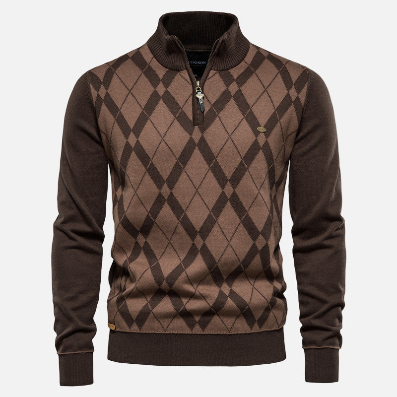 Vivellamode | Men’s Argyle Half-Zip Sweater – Classic Warmth with Modern Refinement