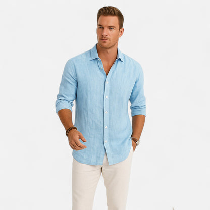 Vivellamode | Men’s Cotton Linen Long Sleeve Shirt – Casual Elegance for Autumn