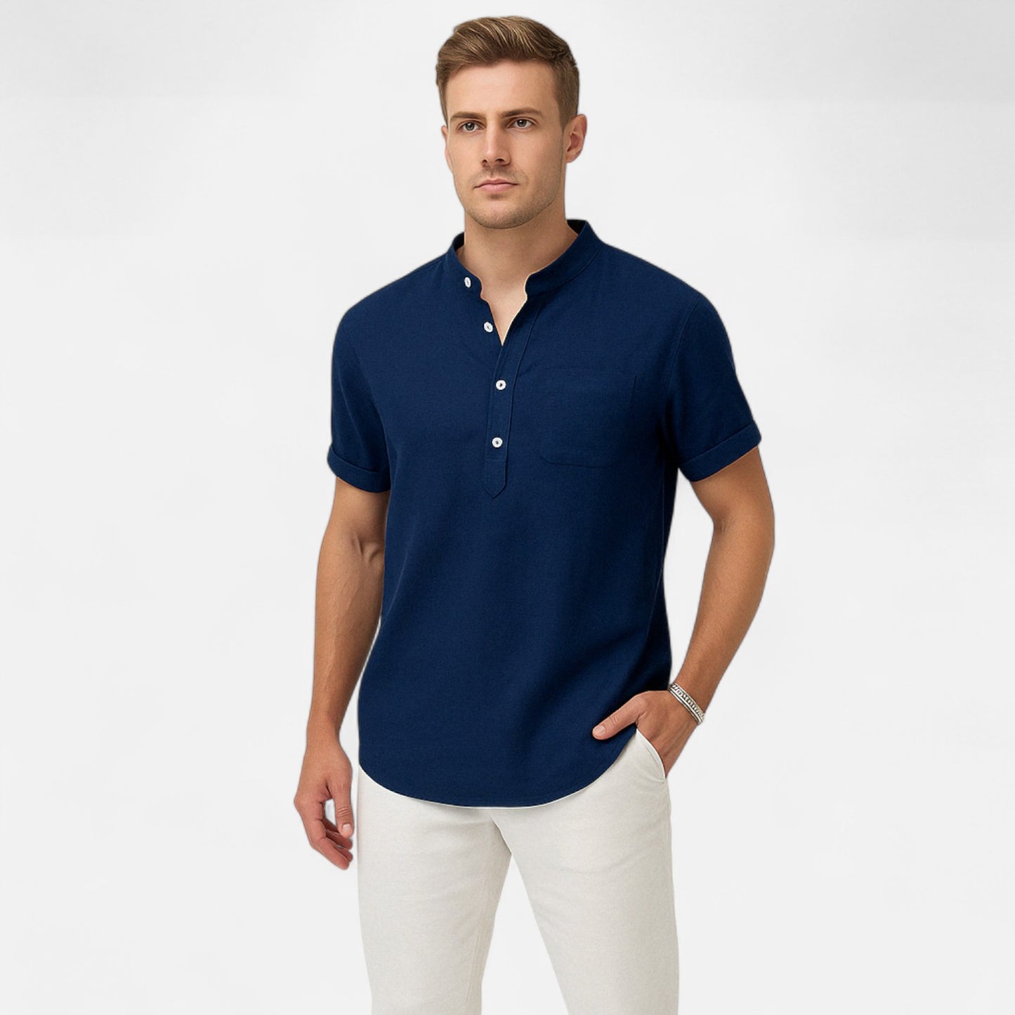 Vivellamode | Men’s Casual Stand Collar Linen Shirt – Lightweight Comfort for Summer