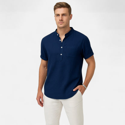 Vivellamode | Men’s Casual Stand Collar Linen Shirt – Lightweight Comfort for Summer