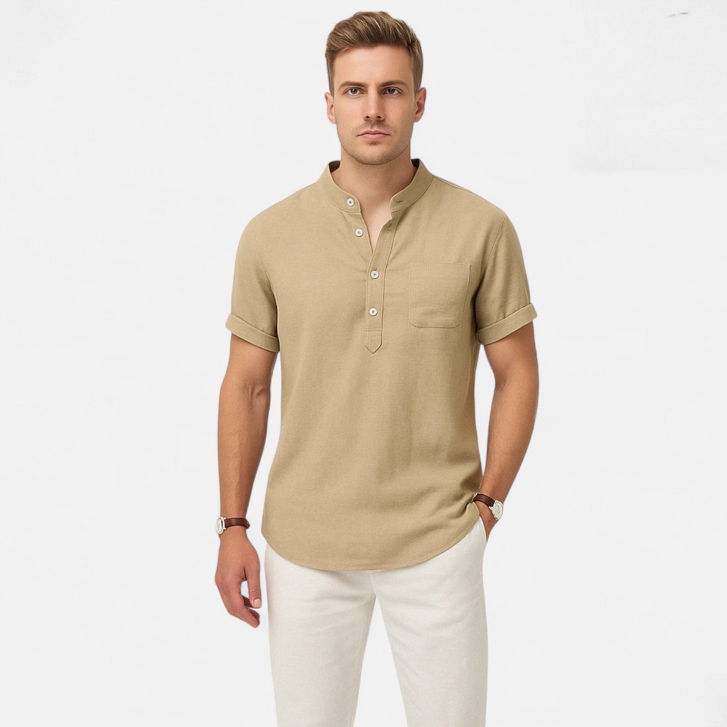 Vivellamode | Men’s Casual Stand Collar Linen Shirt – Lightweight Comfort for Summer