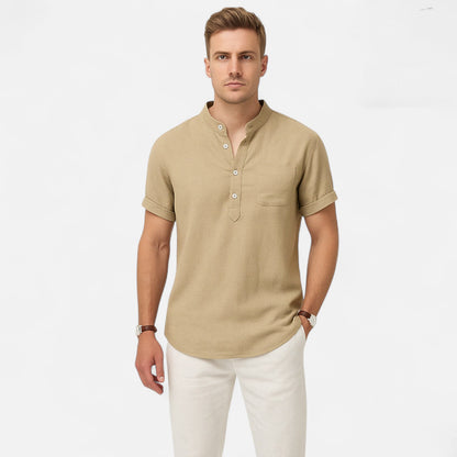 Vivellamode | Men’s Casual Stand Collar Linen Shirt – Lightweight Comfort for Summer