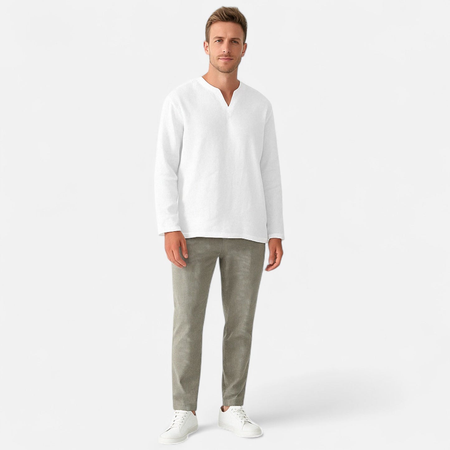 Vivellamode | Men’s Cotton Linen V-Neck Shirt – Effortless Style for Every Season
