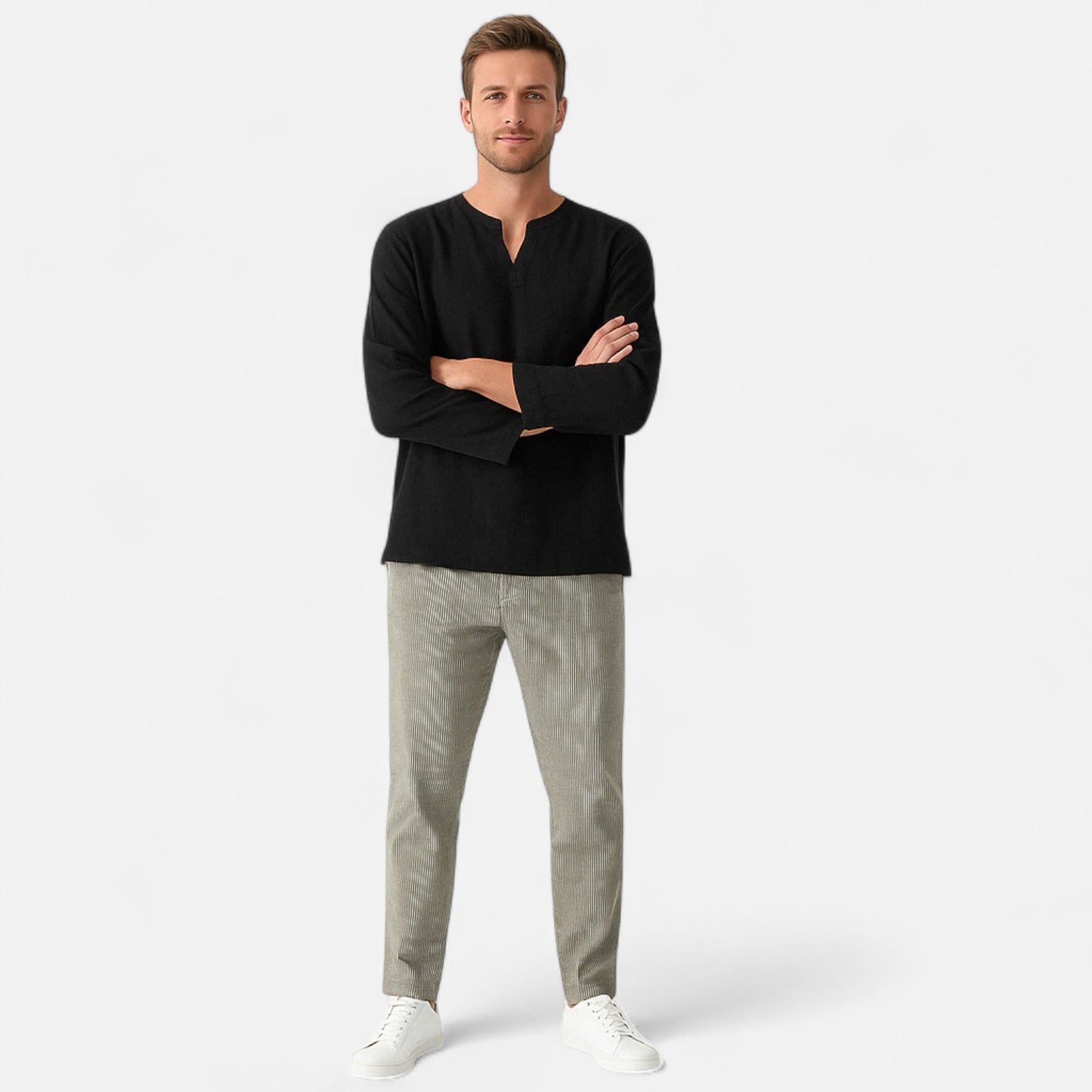 Vivellamode | Men’s Cotton Linen V-Neck Shirt – Effortless Style for Every Season